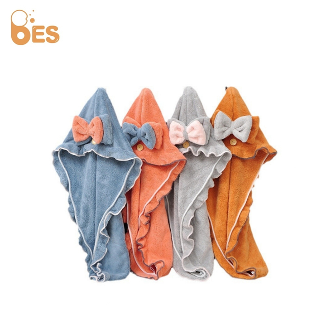 Custom Super Absorbent Microfiber Hair Turban Towel Wrap with Button And Bow Design for Curly Hair